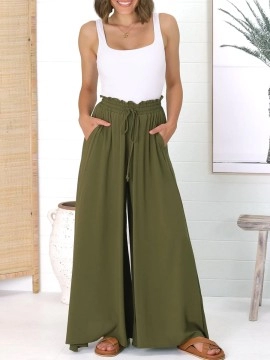 Army green cotton hemp vacation pants wide-leg pan..
