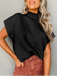 Black Patch Pocket Ribbed Knit Short Sleeve Sweater Black Patch Pocket Ribbed Knit Short Sleeve Sweater