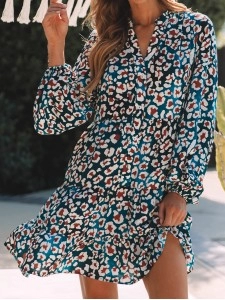 Blue Leopard Print Bubble Sleeve Ruffled Shirt Dress Blue Leopard Print Bubble Sleeve Ruffled Shirt Dress