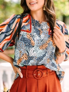 Blue mixed print quarter sleeve shirt Blue mixed print quarter sleeve shirt