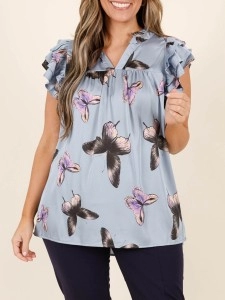 Butterfly printed layered ruffled short sleeved shirt Butterfly printed layered ruffled short sleeved shirt