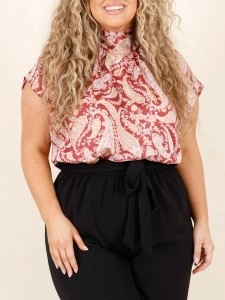 Cashew print lace up high neck short sleeved shirt Cashew print lace up high neck short sleeved shirt