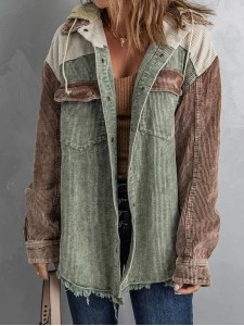 Casual color block corduroy hooded jacket Casual color block corduroy hooded jacket