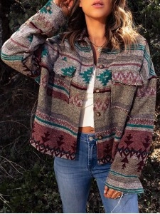 Casual contrasting retro print pocket jacket Casual contrasting retro print pocket jacket