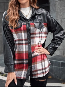 Casual plaid patchwork leather jacket Casual plaid patchwork leather jacket