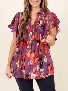 Contrast pattern ruffled short sleeved shirt Contrast pattern ruffled short sleeved shirt