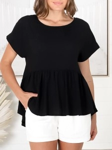 Crew neck short sleeve Bohemian cotton blouse Crew neck short sleeve Bohemian cotton blouse