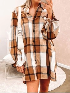 Khaki Plaid Pattern Collared Neck Ruffled Sleeve Shirt Dress