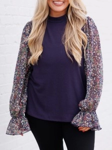 Knitted patchwork floral fabric bud sleeve sweater Knitted patchwork floral fabric bud sleeve sweater