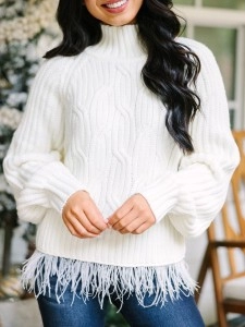 Cream White Feather Trim Sweater