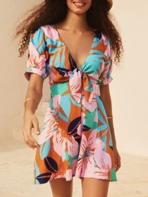 Women's floral-print holiday loose wide-leg romper shorts