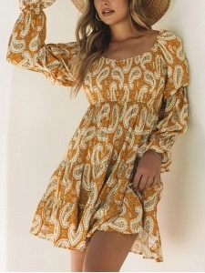 Yellow Boho Floral Collared Long Sleeve Ruffled Dress